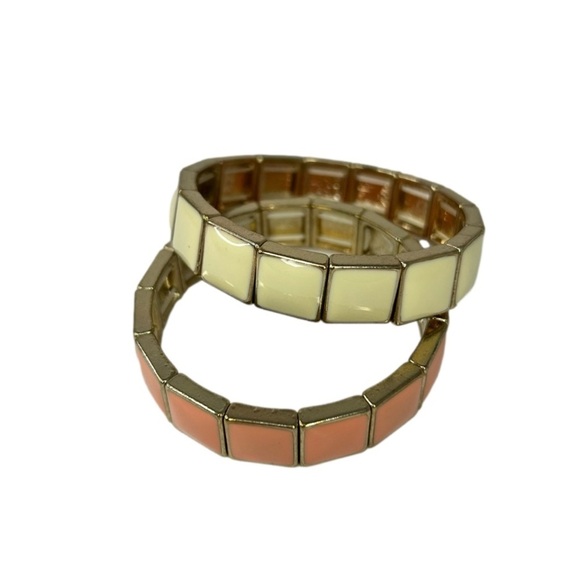 Gold Tone and Enamel Stretch Bracelets Pair Crème and Peach/Pink Coloured - Picture 2 of 4